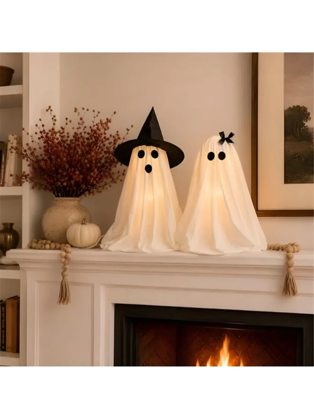 Halloween Decorations Light-Up Ghosts with Witch Hats, Indoor Ghost Decor